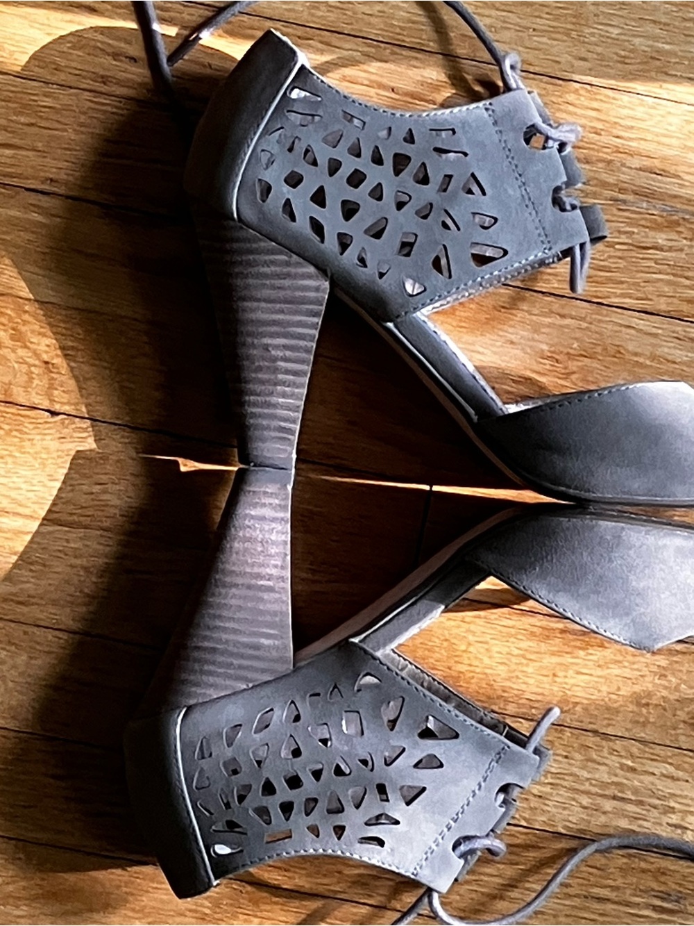Restricted Taupe Lace-Up Peep Toe Sandals with Cutout Sides - Picture 6 of 8